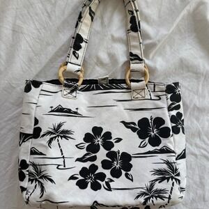 White Black Tropical Floral Print Beach Bag with Bamboo Handles